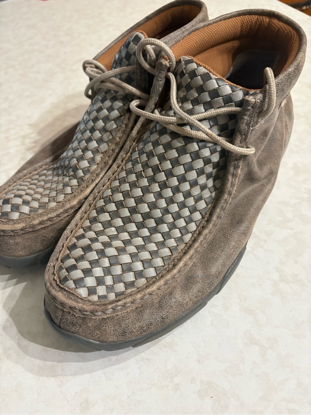 Twisted Taupe Woven Leather Chukka Boots. 10-1/2